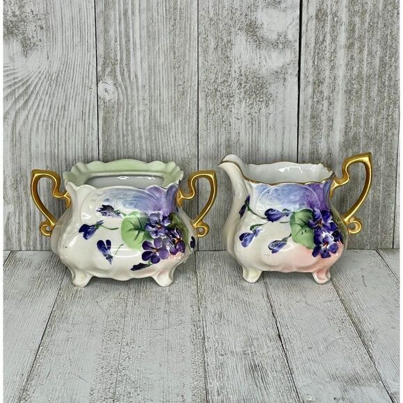 Hand Painted Porcelain Cream and Sugar Set Germany Violets - Picture 1 of 10